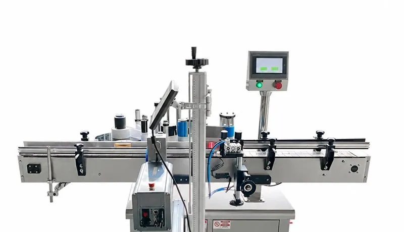 Automatic wrap-around labeling machine with conveyor and touchscreen